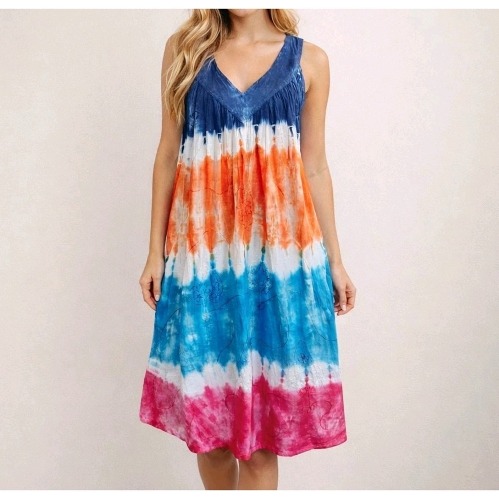 Jackpot Tie Dye Cotton Midi Dress One Size Blue Orange Pink Embroidered Pockets